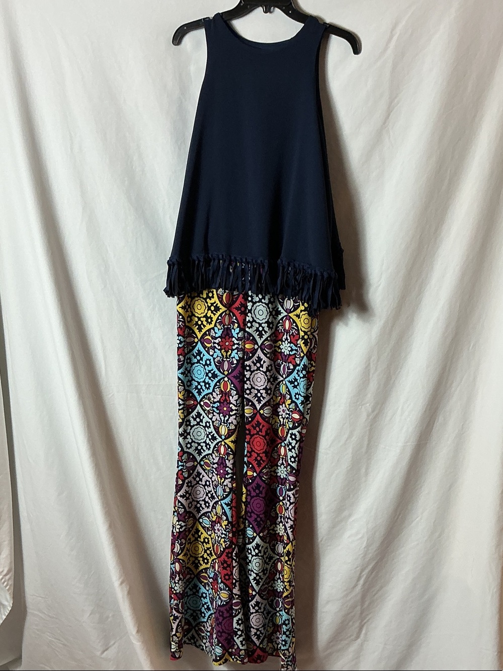 Navy Fringe Tank with Multicolor Patterned Palazzo Jumpsuit